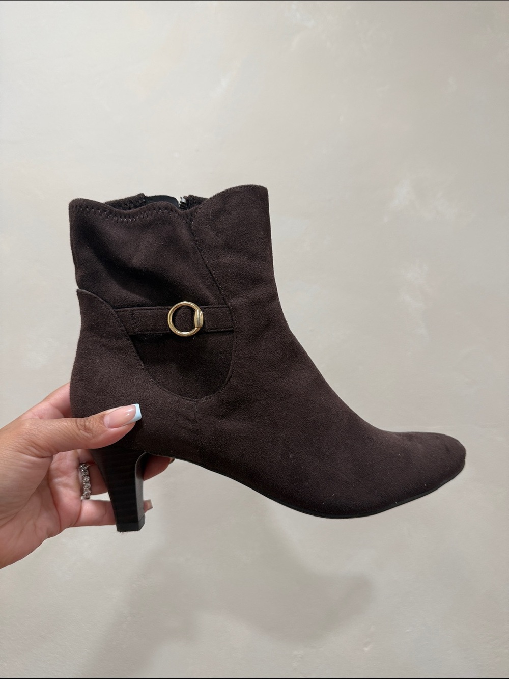 East 5th Dark Brown Suede Ankle Boot with Gold Ring